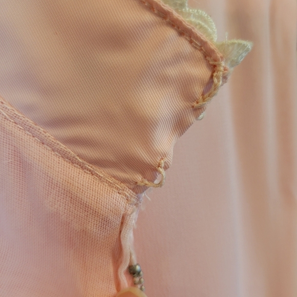 Vintage Pink Chiffon Flowy Full Length High Neck Dainty Floral Lace Collar Dress - Picture 9 of 9